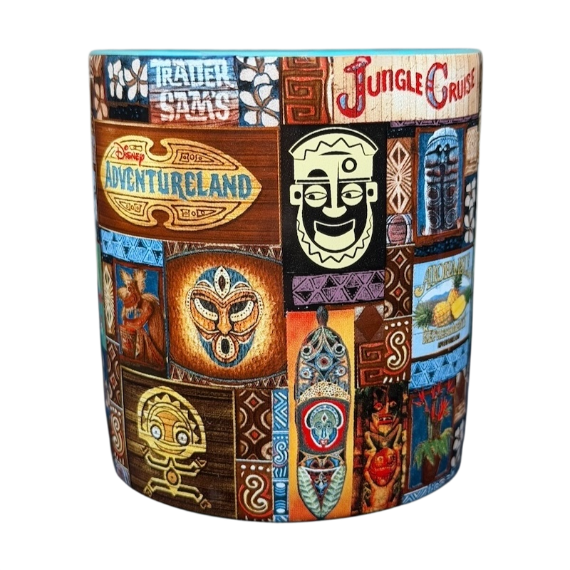 Colorful Adventureland Trader Sam's Tiki Mug Disney Parks featuring iconic Jungle Cruise designs
