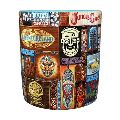 Colorful Adventureland Trader Sam's Tiki Mug Disney Parks featuring iconic Jungle Cruise designs