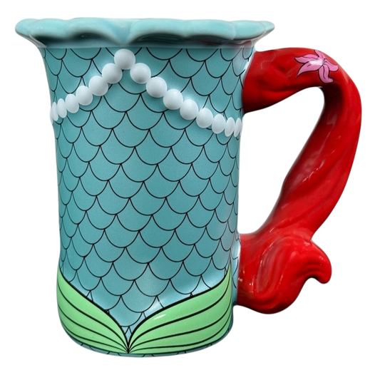 Ariel The Little Mermaid Disney Parks vintage mug teal mermaid scale design with red hair handle and pearl necklace detail