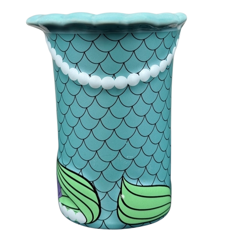 Teal ceramic scalloped rim mug with mermaid scale pattern and pearls Ariel The Little Mermaid Disney Parks vintage mug