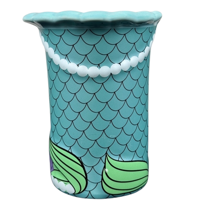 Teal ceramic scalloped rim mug with mermaid scale pattern and pearls Ariel The Little Mermaid Disney Parks vintage mug
