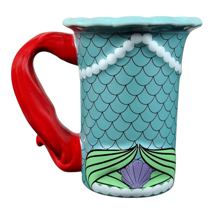Ariel The Little Mermaid Disney Parks vintage mug turquoise mermaid scale pattern red handle pearl trim shell motif