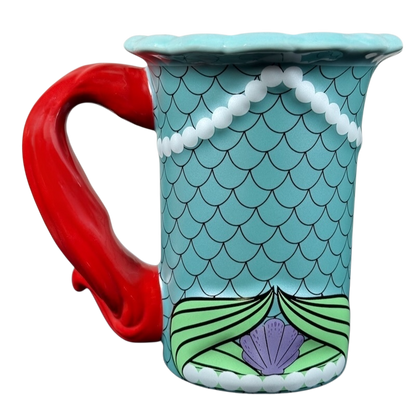 Ariel The Little Mermaid Disney Parks vintage mug turquoise mermaid scale pattern red handle pearl trim shell motif