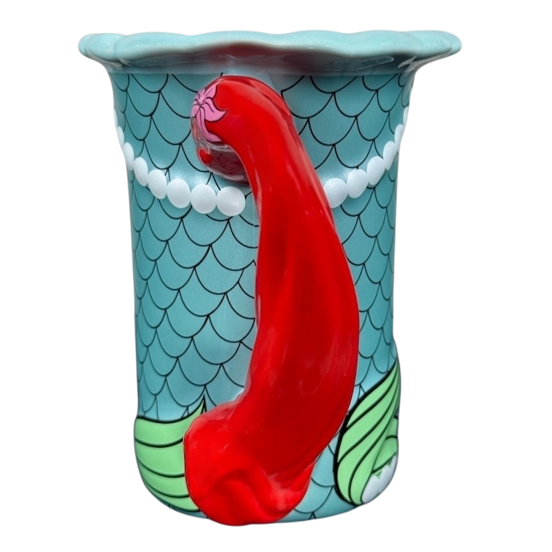 Ariel The Little Mermaid Disney Parks vintage mug ceramic with mermaid scale pattern and red hair handle