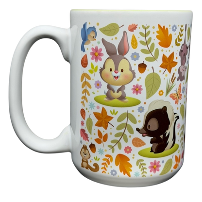 Bambi Woodland Friends Mug Disney Parks featuring adorable animal characters and colorful floral designs