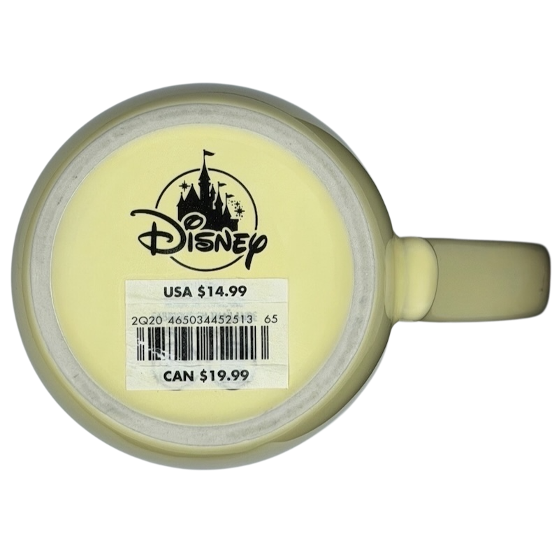 Bottom view of a yellow Disney Parks mug featuring Beauty and the Beast Open Your Heart to New Adventures theme