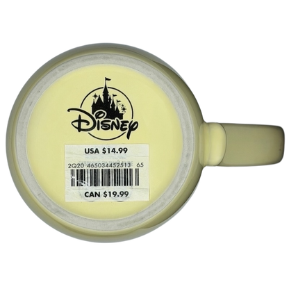 Bottom view of a yellow Disney Parks mug featuring Beauty and the Beast Open Your Heart to New Adventures theme
