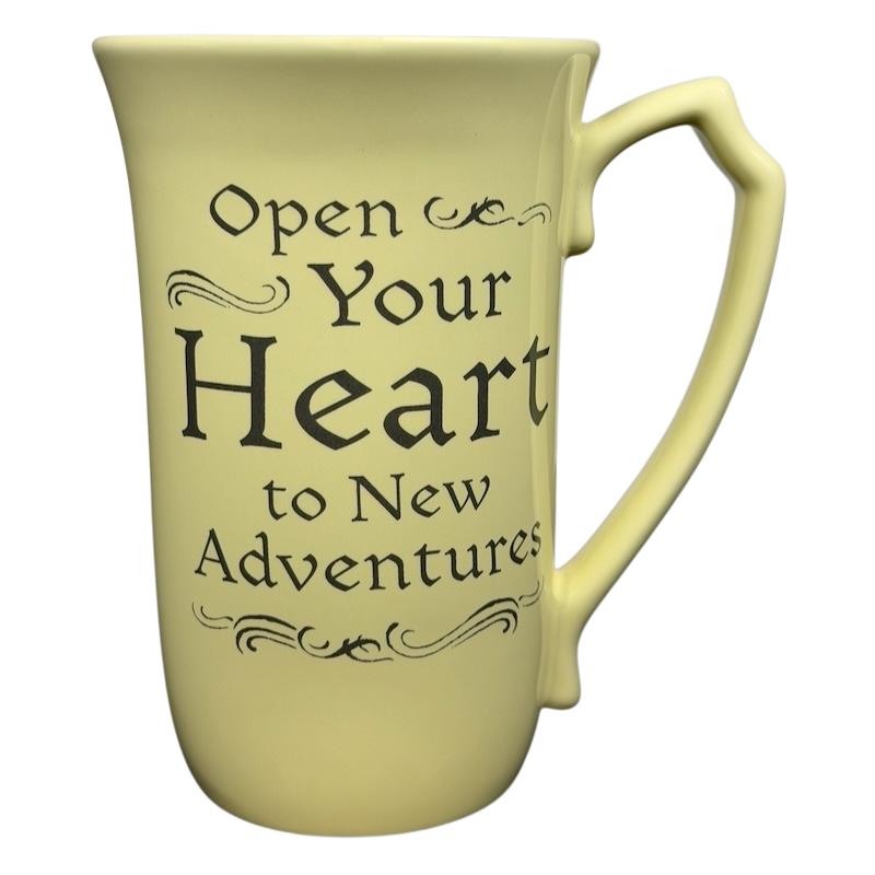 Beauty and the Beast Open Your Heart to New Adventures Mug Disney Parks in a bright yellow color