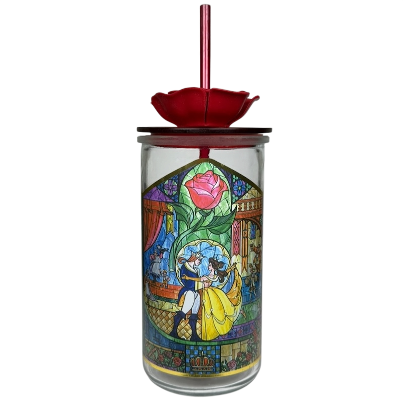 Beauty and the Beast Stained Glass Tumbler Disney Parks featuring colorful scenes and a functional straw