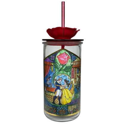Beauty and the Beast Stained Glass Tumbler Disney Parks featuring colorful scenes and a functional straw