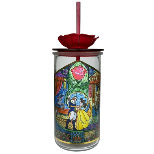 Beauty and the Beast Stained Glass Tumbler Disney Parks featuring colorful scenes and a functional straw