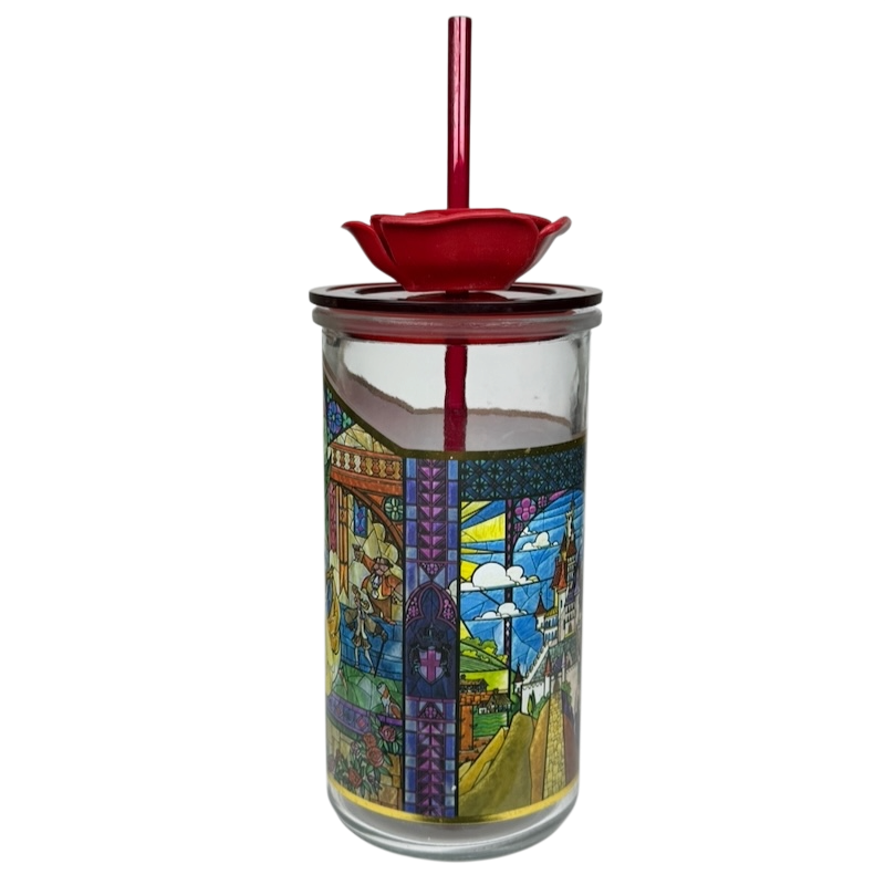 Beauty and the Beast Stained Glass Tumbler Disney Parks with red lid and straw, featuring colorful artwork