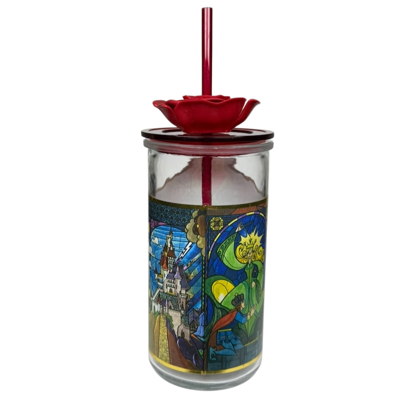 Beauty and the Beast Stained Glass Tumbler Disney Parks featuring iconic scenes and vibrant colors