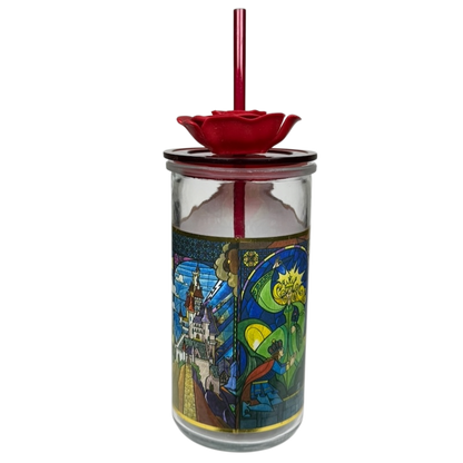 Beauty and the Beast Stained Glass Tumbler Disney Parks featuring iconic scenes and vibrant colors