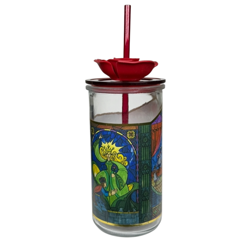 Beauty and the Beast Stained Glass Tumbler Disney Parks featuring vibrant designs and a red straw lid