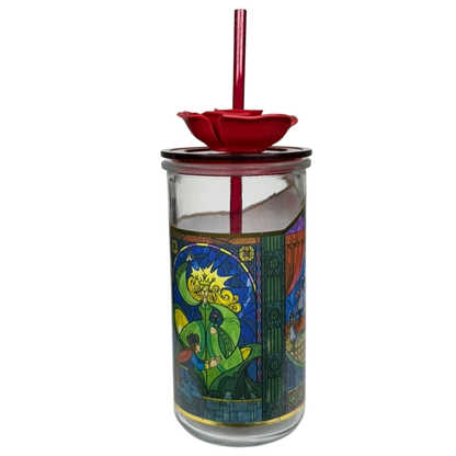 Beauty and the Beast Stained Glass Tumbler Disney Parks featuring vibrant designs and a red straw lid