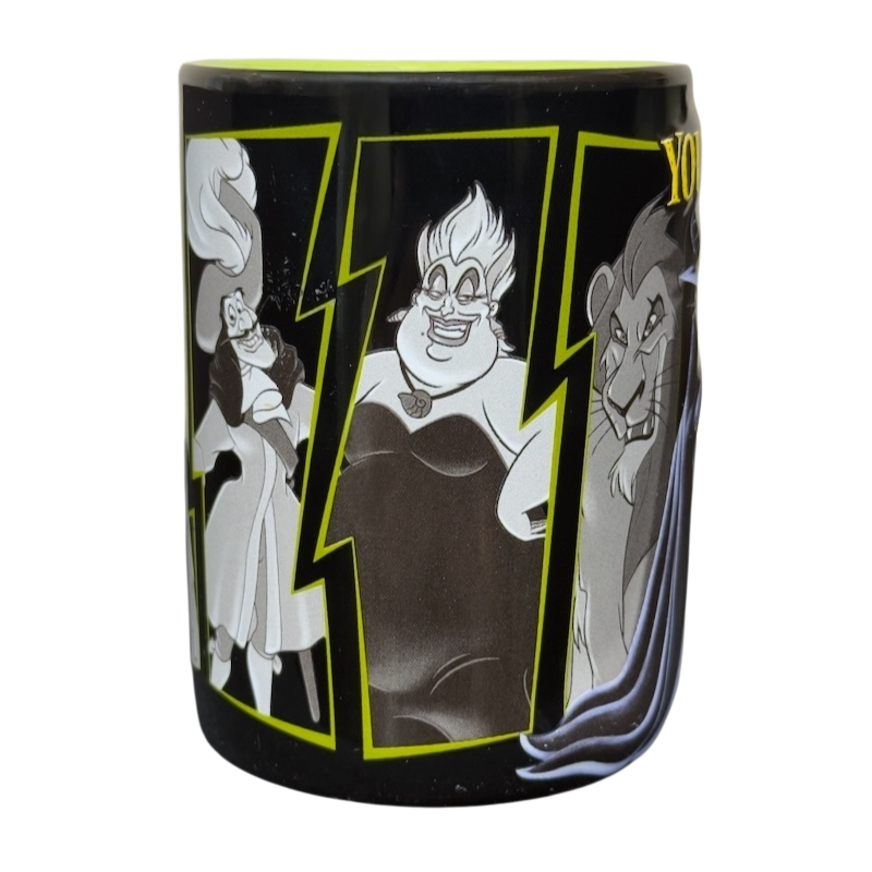 Disney Villains collectible mug showing Cruella de Vil Ursula and Scar in comic panel style