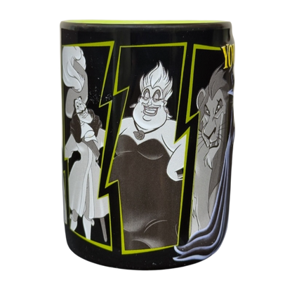 Disney Villains collectible mug showing Cruella de Vil Ursula and Scar in comic panel style