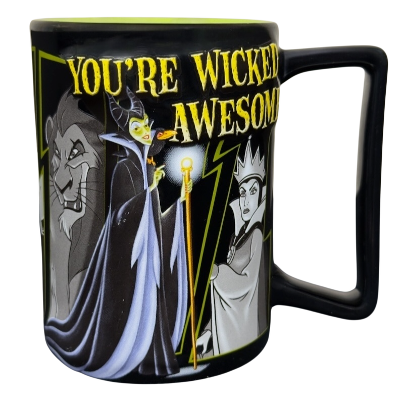 Disney Villains collectible mug black ceramic featuring Maleficent Evil Queen and Scar with YOURE WICKED AWESOME text