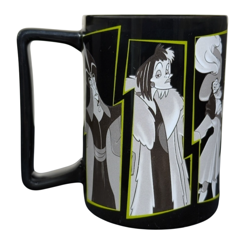 Disney Villains collectible mug black ceramic with grayscale villain panels featuring Cruella and others