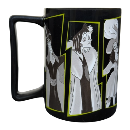 Disney Villains collectible mug black ceramic with grayscale villain panels featuring Cruella and others
