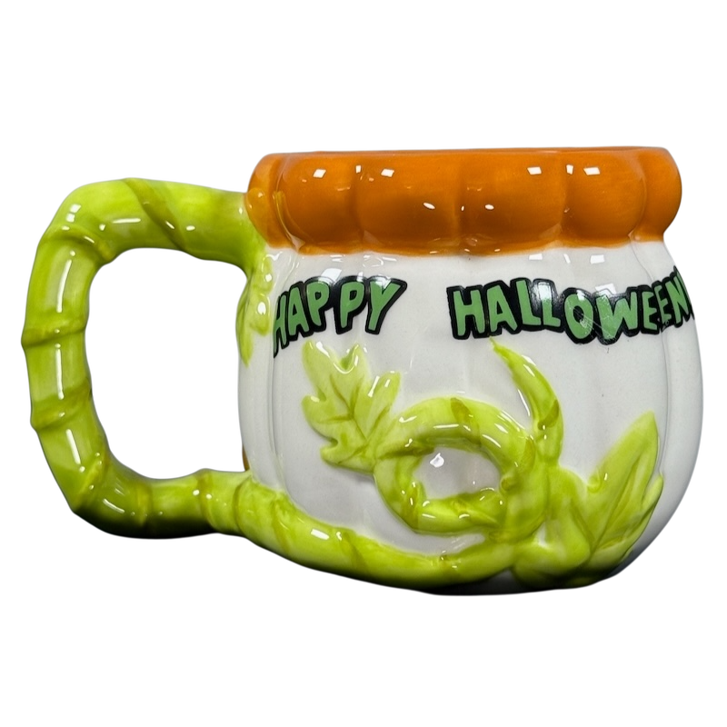 Disney Donald Duck vintage Halloween mug ceramic pumpkin shaped cup with green vine handle and Happy Halloween text