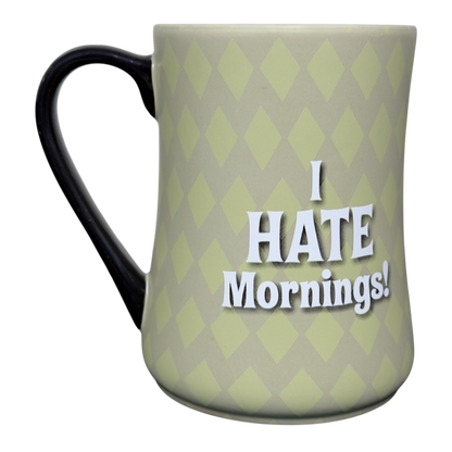 Grumpy Disney vintage collectible mug light green diamond pattern with black handle I HATE Mornings text