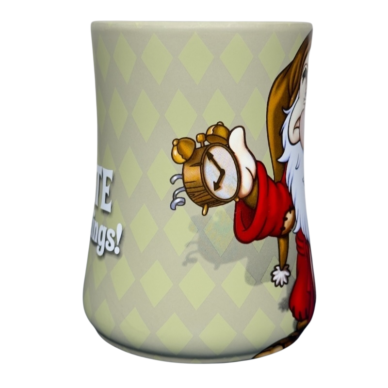 Grumpy Disney vintage collectible mug showing Grumpy holding alarm clock on diamond patterned beige mug