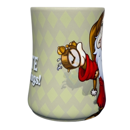 Grumpy Disney vintage collectible mug showing Grumpy holding alarm clock on diamond patterned beige mug