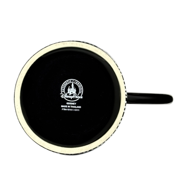 Bottom view of Jack Skellington embossed Disney collectible mug showing Disney Parks logo and handle