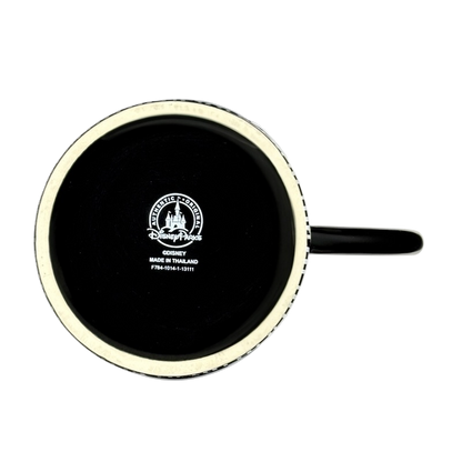 Bottom view of Jack Skellington embossed Disney collectible mug showing Disney Parks logo and handle