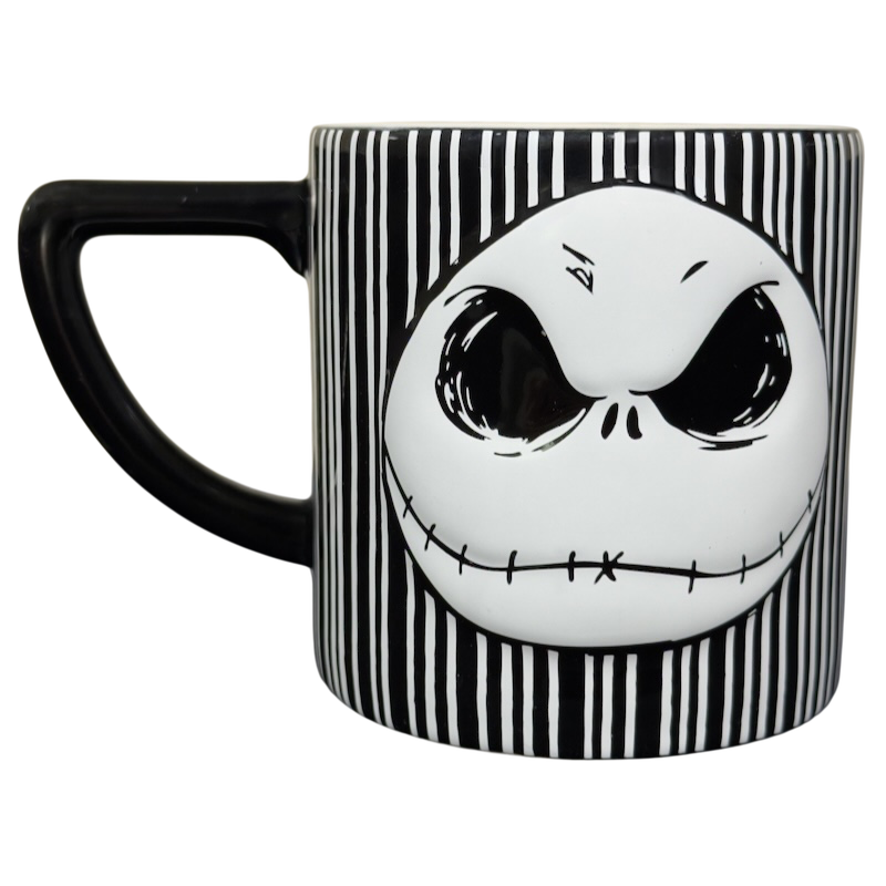 Jack Skellington embossed Disney collectible mug. Black and white striped ceramic mug with raised Jack face and angled handle