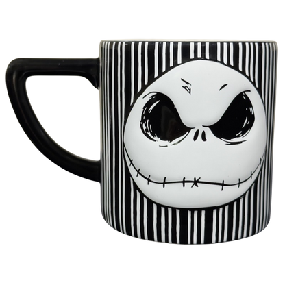 Jack Skellington embossed Disney collectible mug. Black and white striped ceramic mug with raised Jack face and angled handle