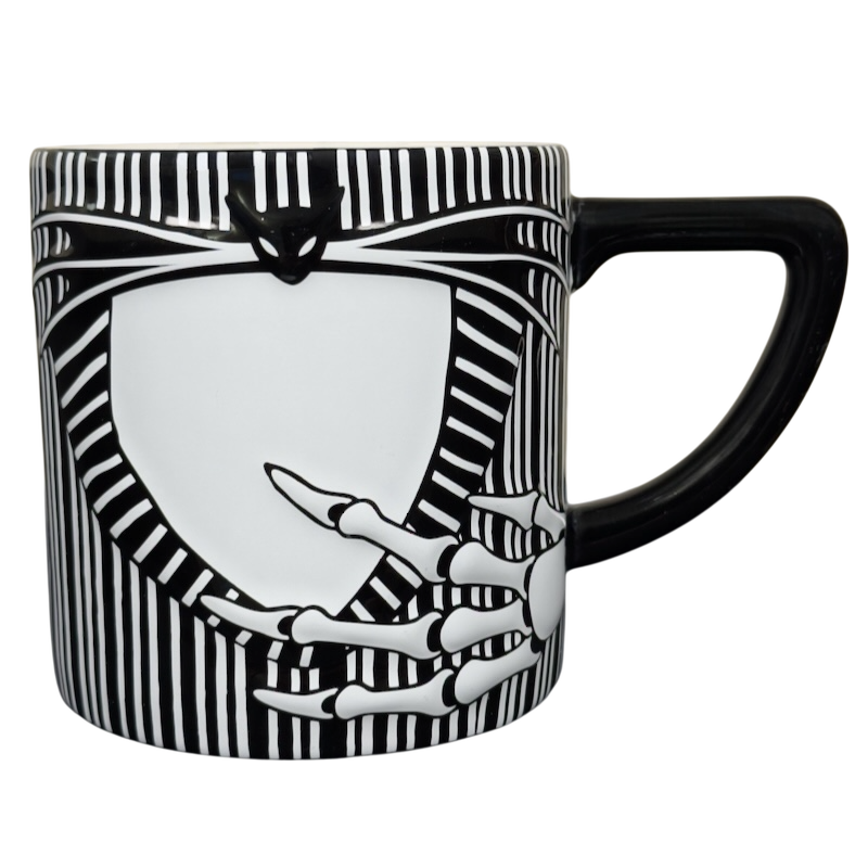 Black and white Jack Skellington embossed Disney collectible mug featuring skeleton hand pinstripe suit design