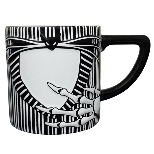 Black and white Jack Skellington embossed Disney collectible mug featuring skeleton hand pinstripe suit design