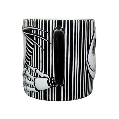 Jack Skellington embossed Disney collectible mug black and white striped ceramic mug showing Jack face and skeletal hand