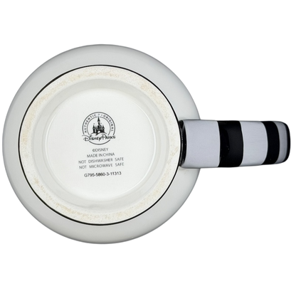 Bottom view of a Jack Skellington Mug Striped Handle Disney Parks with black and white striped handle