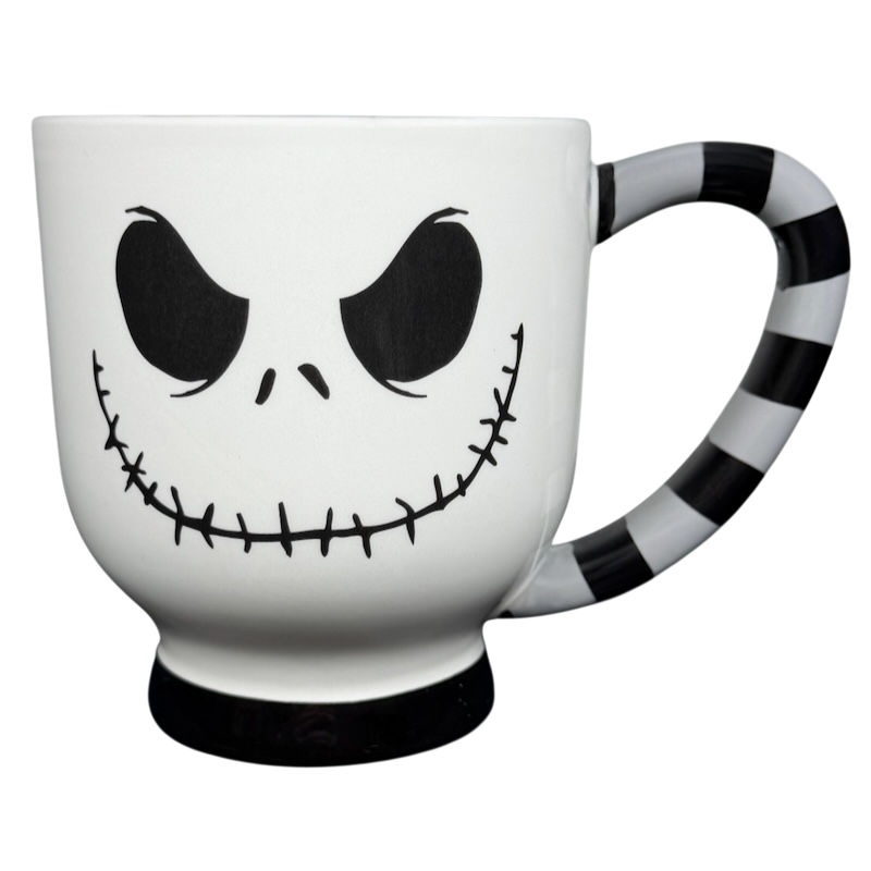 Jack Skellington Mug Striped Handle Disney Parks featuring a spooky smile and striped handle