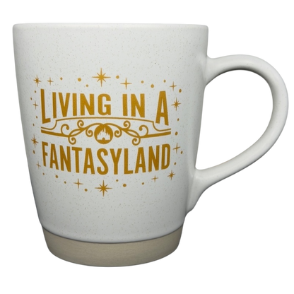 Disney Parks Living In A Fantasyland Gold Castle Mug featuring elegant gold lettering