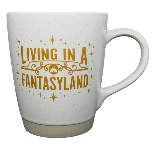 Disney Parks Living In A Fantasyland Gold Castle Mug featuring elegant gold lettering