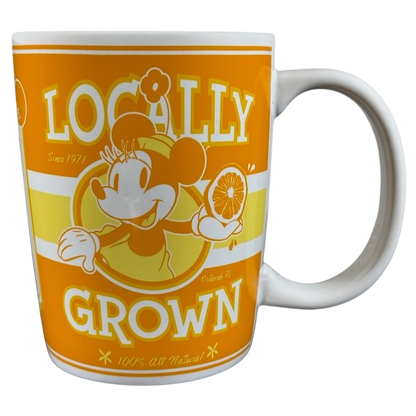 Disney Parks locally grown vintage mug featuring retro Mickey Mouse holding an orange slice