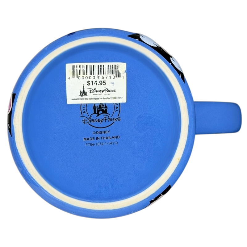 Bottom view of Mickey Mouse collectible Glitter Mug Disney Parks in blue color with price tag