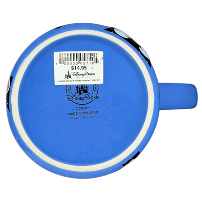 Bottom view of Mickey Mouse collectible Glitter Mug Disney Parks in blue color with price tag