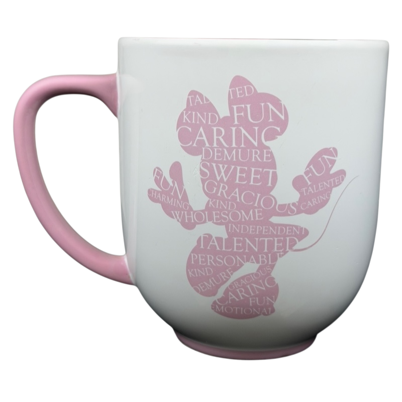 Minnie Mouse Silhouette Mug Disney Parks featuring pink handprint design with positive words