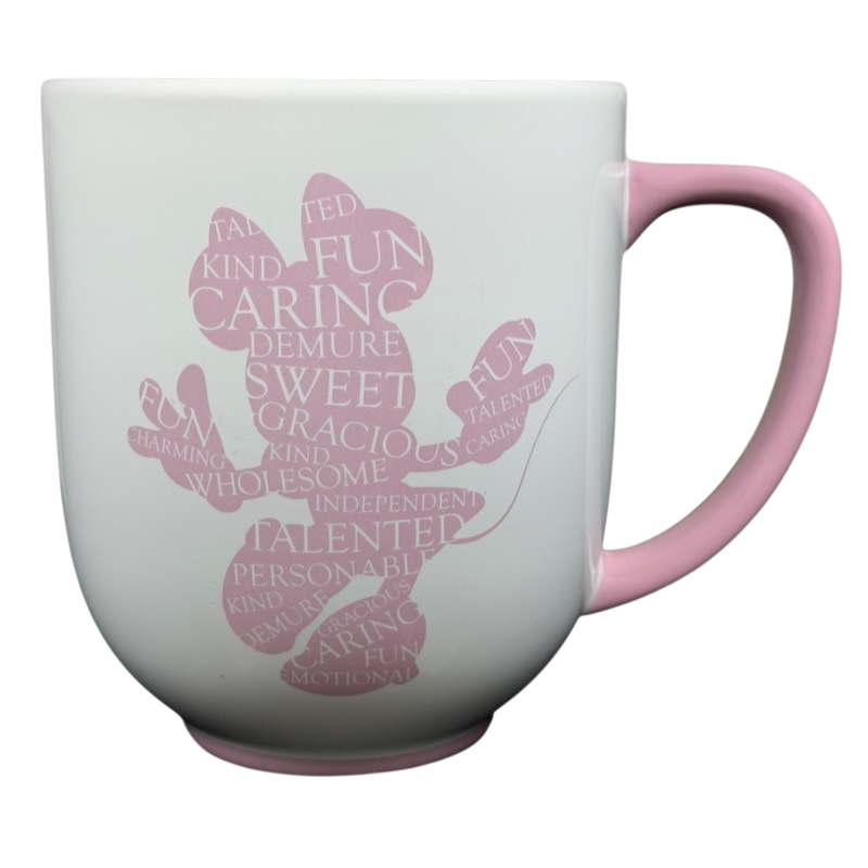 Minnie Mouse Silhouette Mug Disney Parks with playful words in pink on a white background