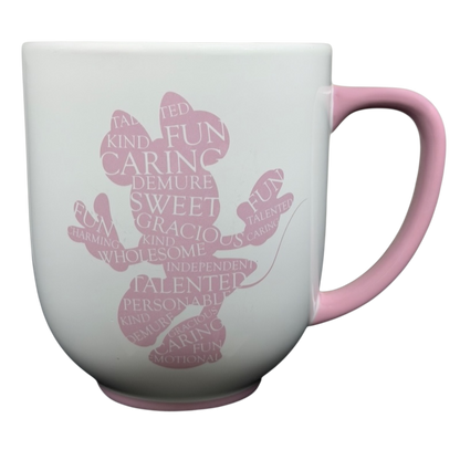 Minnie Mouse Silhouette Mug Disney Parks with playful words in pink on a white background