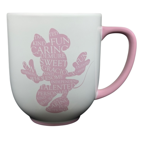 Minnie Mouse Silhouette Mug Disney Parks with playful words in pink on a white background