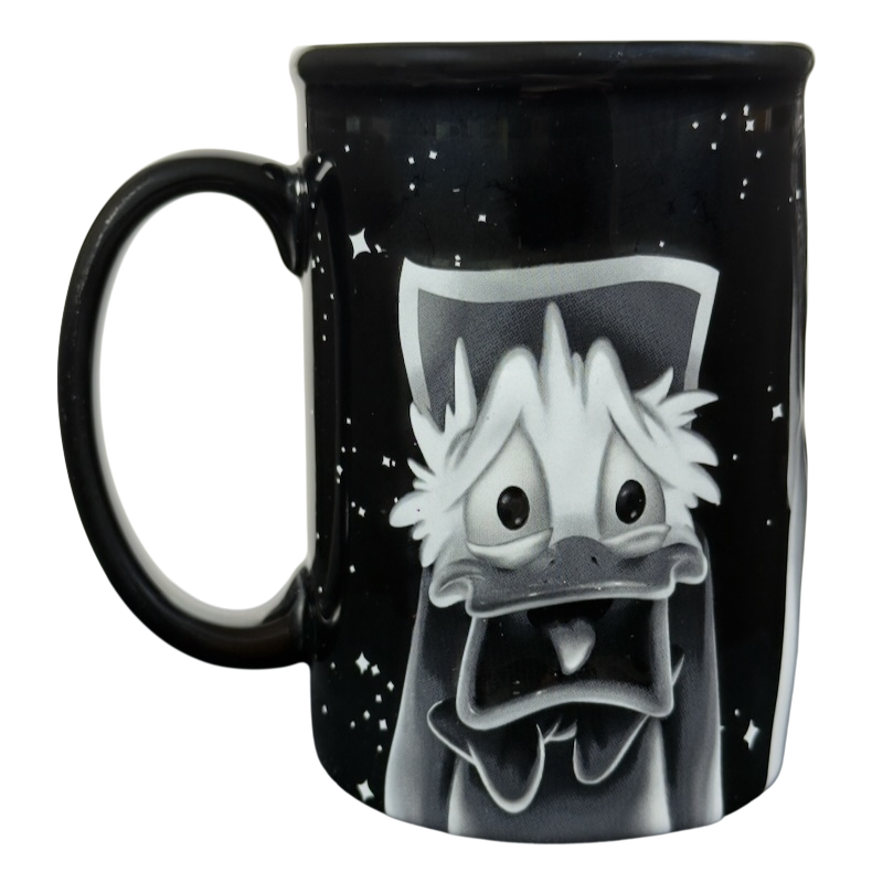 Twilight Zone Tower of Terror Disney collectible mug black ceramic with scared grayscale Donald Duck