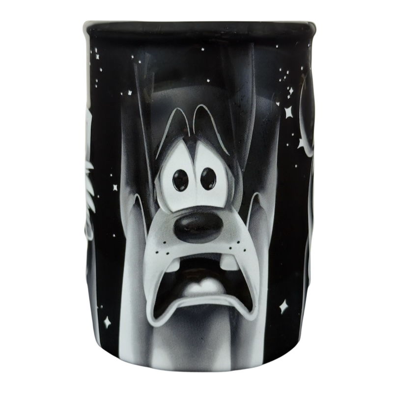 Twilight Zone Tower of Terror Disney collectible mug featuring black and white screaming Goofy design for fans