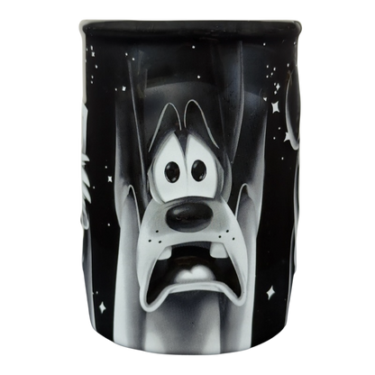 Twilight Zone Tower of Terror Disney collectible mug featuring black and white screaming Goofy design for fans